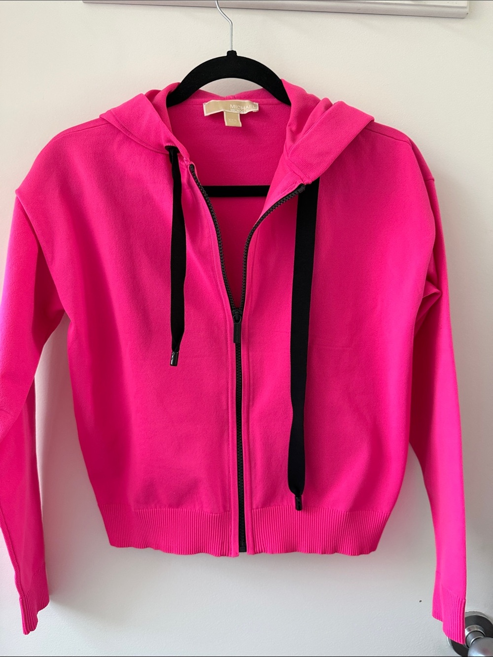Michael Kors Hot Pink stretchy Zip-Up Hoodie with Black Drawstring XXS 0 Sporty